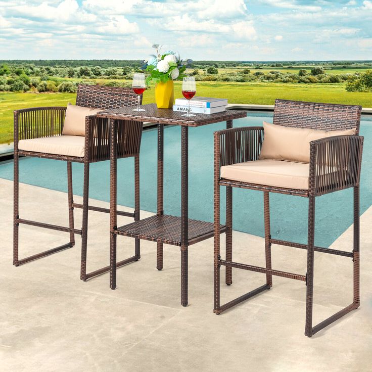 DEVOKO 3 Piece Wicker Patio Outdoor Bar Set